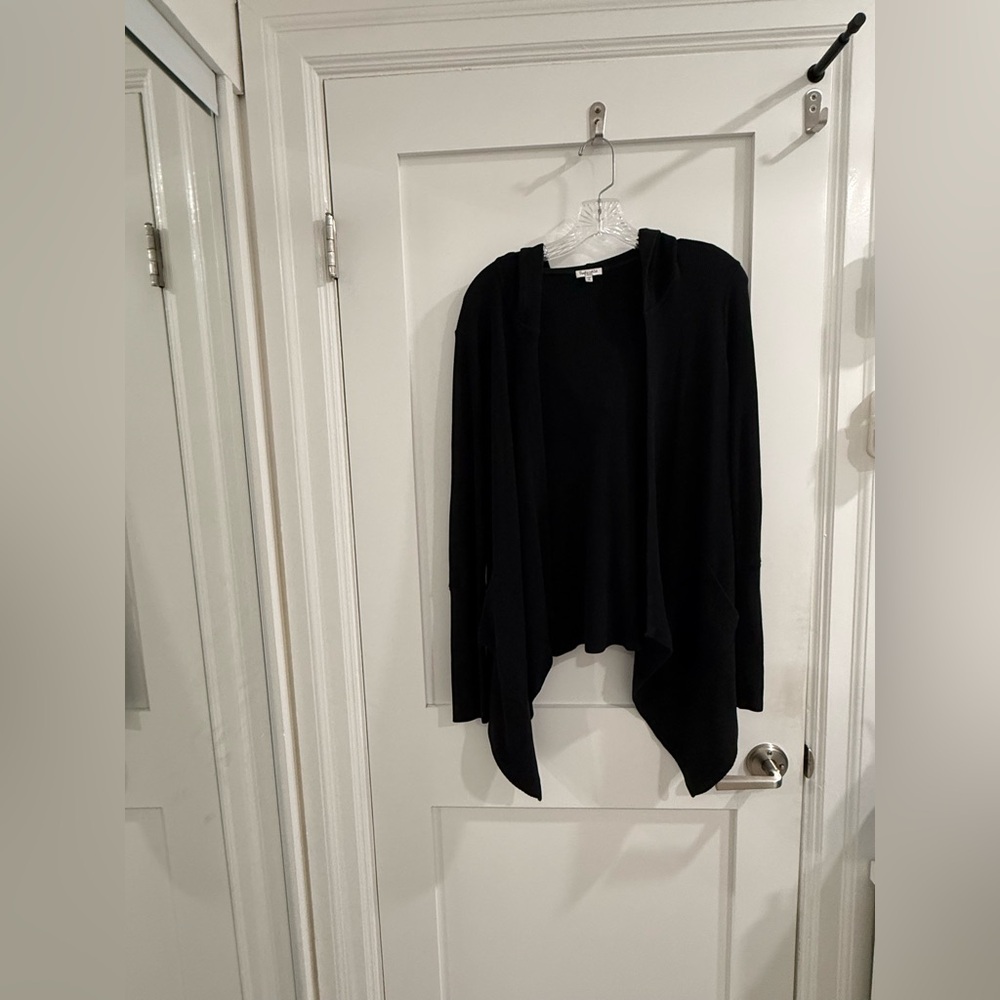 Splendid black waffle knit longer in front hooded cardigan (has pulls)